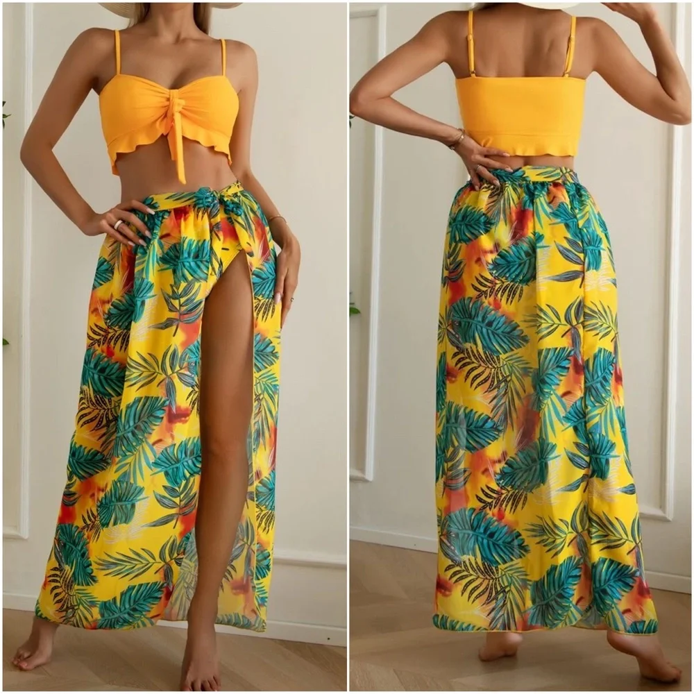 Boho Tropical Floral Print High Waist Bikini Cover up set - Picture 5 of 12